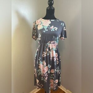 Egy Midi Dress, Gray with Muted Pink & Turquoise Floral Print, Pockets, Size XL